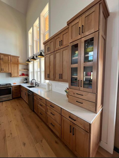 Rosewood Kitchen Cabinets, Wood Floors With Wood Cabinets, Types Of Wood Cabinets, Maple Shaker Kitchen Cabinets, Masculine Kitchen, Stained Wood Cabinets, Alder Kitchen Cabinets, Kitchen Light Fixtures, Mudroom Remodel