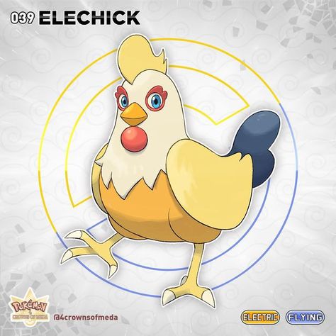 4 Crowns of Meda 👑👑👑👑 on Instagram: "ELECHICK Classification: Chick Pokémon Type: Electric/Flying Ability: Run Away Height: 0,5m Weight: 9,4kg Dex Entry: They still do not control their electrical power correctly, so they remain isolated from the rest until they evolve. HP: 60 Attack: 65 Defense: 70 Special Attack: 85 Special Defense: 75 Speed: 40 Total: 395 Evolution: Evolves into Rooshock at level 38 if it’s male. Evolves into Hengarde at level 38 if it’s female. Level Up Moves - Peck (Fly Fakemon Flying Type, Sprigatito Pokemon, Fakemon Art, Fakemon Ideas, Church Banners Designs, Flying Type, Pokemon Fake, Ash Pokemon, Pokemon Oc