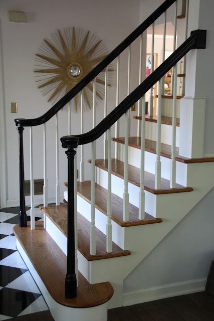 I'm getting ready to paint all my railings and bannisters, has anyone does this before? If so, what paint, did you sand, any help appreciated! Stairs Remodel, Black Stair Railing, Entryway Stairs, Painted Staircases, Black Stairs, White Stairs, Handrail Design, Diy Staircase, Traditional Staircase