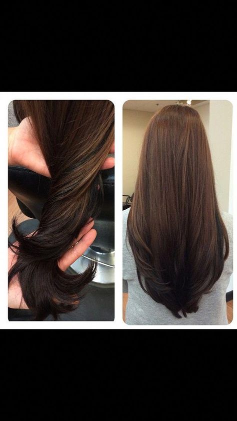 Hair Color For Black Straight Hair, V Shaped Haircut Long Hair Layers, Tailbone Hair Length, Reverse Ombre Brunette, Dark Brown Hair Reverse Balayage, Reverse Ombre Brown To Black, Reverse Ombre Hair Brown, Reverse Layers Haircut, Brown Reverse Ombre