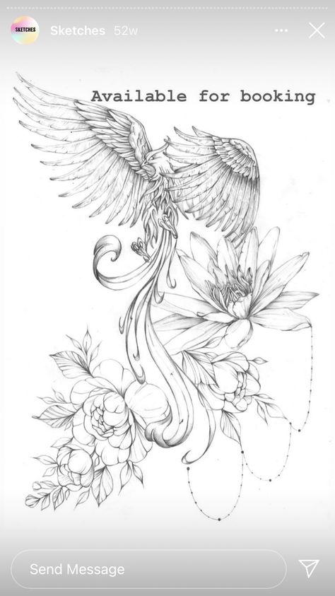 Phoenix With Flowers Tattoo Design, Flower Phoenix Tattoo, Humming Bird And Flowers Tattoo, Phoniex Thigh Tattoo Women, Phoenix And Flower Tattoo Feminine, Lotus Phoenix Tattoo, Phoenix Woman Tattoo, Phoenix With Flowers Tattoo, Phoenix Tattoo Feminine Arm