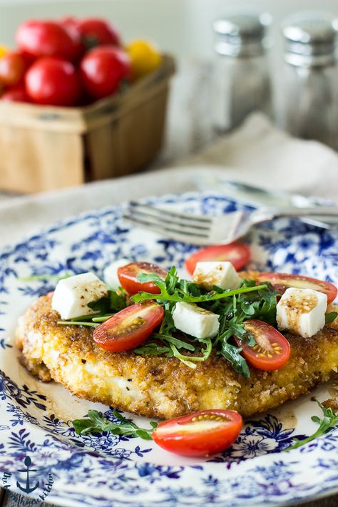 Chicken Milanese with Arugula, Tomatoes and Fresh Mozzarella | The Beach House Kitchen Split Chicken, Milk Chicken, Chicken Carbonara Recipe, Parmesan Casserole, Beach House Kitchen, Chicken Milanese, Chicken Carbonara, Tomatoes Mozzarella, Chicken Parmesan Casserole