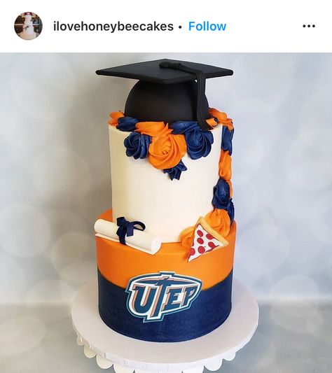 Ilovehoneycakes on Instagram orange and blue roses with utep logo university graduation cake Utep Graduation Cakes, Blue And Orange Cake Ideas, Utep Graduation Party Ideas, Orange And Blue Graduation Cake, Blue And Orange Graduation Party Ideas, Orange Graduation Cake, Blue And Orange Cake, Grad Treats, College Graduation Cakes