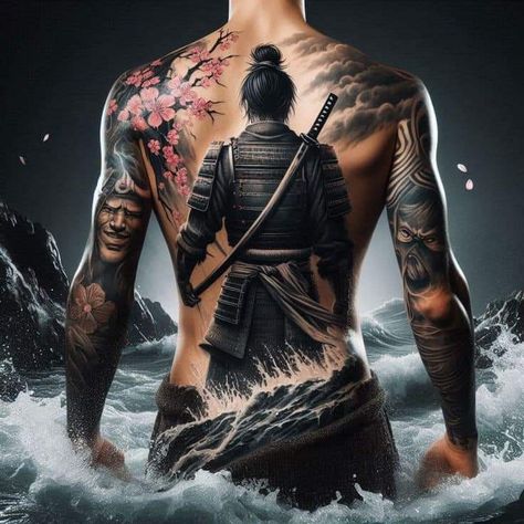 Yakuza Tattoo Design Japanese Style, Dystopian Tattoo, General Tattoo, Japanese Warrior Tattoo, Tattoo Espalda, Japanese Back Tattoo, Cool Back Tattoos, Full Leg Tattoos, Belly Tattoo