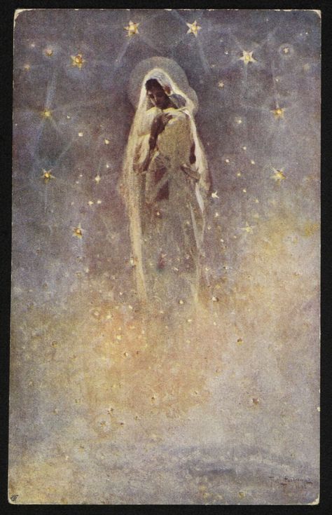 Virgin Mary on The Milky Way. Vintage Polish postcard with artwork by Piotr Stachiewicz, 1920. Eddard Stark, Old Portraits, Heaven Art, Saint Teresa, Immaculate Conception, Artist Collective, The Milky Way, Picture Postcards, Catholic Art