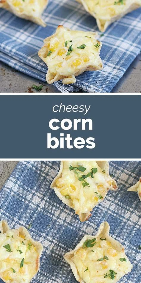 These Cheesy Corn Bites are the perfect bite sized appetizers. Tortilla chips are filled with cheese and corn for an appetizer that is super easy to make. These always disappear quickly! Cowboy Bites With Corn, Corn And Cheese Party Bites, Corn Appetizer Recipes, Corn Bites Recipe, Corn Appetizer, Corn Bites, Bite Sized Appetizers, Corn Appetizers, New Year's Snacks