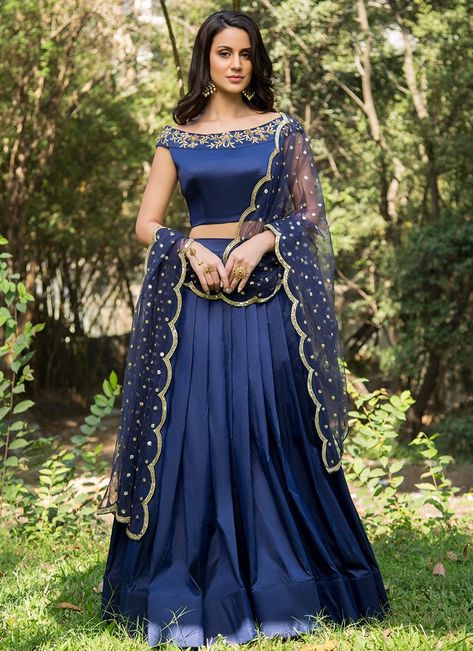 Royal Blue and Gold Embroidered Off Shoulder Lehenga Wedding Reception Modern, Off Shoulder Lehenga, Simple Lehenga, Indian Outfits Lehenga, Lehenga Designs Simple, Lehnga Dress, Choli Designs, Embroidered Lehenga, Bridal Blouse Designs