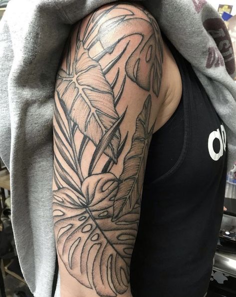 Tropical Leaves Tattoo, Tropical Tattoos, Natur Tattoo Arm, Jungle Tattoo, Tropical Tattoo, Leaves Tattoo, Muster Tattoos, Floral Tattoo Sleeve, Plant Tattoo