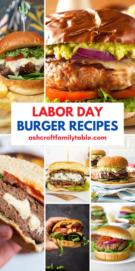 Collage of unique burger recipes for a Labor Day BBQ, cookout, picnic or potluck. Labor Day Food Ideas, Food Ideas For A Crowd, Labor Day Food, Unique Burger Recipes, Labor Day Bbq, Delicious Burger Recipes, Delicious Sauces, Unique Burgers, Bbq Cookout