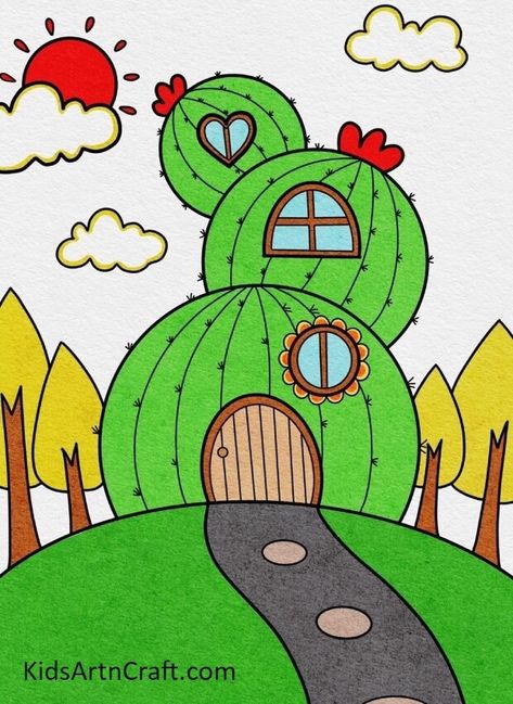 Beautiful Cactus House Drawing Tutorial For Kids Check more at https://www.kidsartncraft.com/cactus-house-drawing-tutorial/ House Drawing Tutorial, Basic Drawing For Kids, Drawing Pictures For Kids, House Drawing For Kids, Cactus House, Very Easy Drawing, Beginner Drawing Lessons, Cactus Drawing