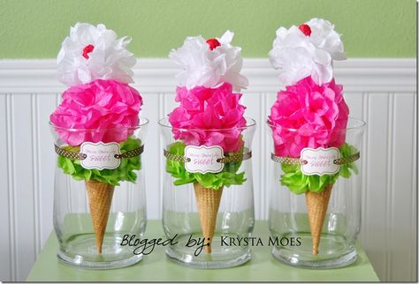 My friend Krysta made these totally cute ice-cream centerpieces for a party. Ice Cream Flower, Girl Parties, Ice Cream Birthday Party, Ice Cream Theme, Ice Cream Social, Ice Cream Birthday, Ice Cream Cones, Snow Flakes, Spring Party