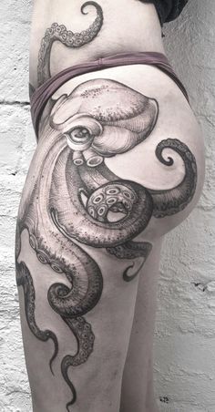 Octopus Tattoos Thigh Hip, Octopus Holding Things Tattoo, Belly Rocker Tattoo, Octopus Thigh Tattoo Women, Octopus Leg Sleeve, Octopus Hip Tattoo, Octopus Tattoo Design Drawing, Octopus Tattoo Design Sketches, Octopus Tattoos Leg