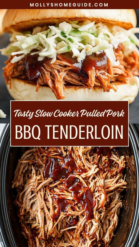 Indulge in the mouthwatering flavors of tender and juicy slow cooker pulled pork BBQ! Let your taste buds savor the delectable smokiness of perfectly seasoned pork tenderloin, cooked low and slow to perfection. This easy recipe is a definite crowd-pleaser, whether you're hosting a backyard barbecue or simply craving some comfort food. Prepare this delicious dish and enjoy the rich, savory goodness that will have everyone coming back for seconds. Bbq Pulled Pork Loin Slow Cooker, Pulled Pork Crock Pot Recipes Bbq Barbecue Sauce, Slow Cooker Bbq Pork Tenderloin, How To Cook Pulled Pork In Crock Pot, Crock Pork Tenderloin Recipes, Pulled Pork Using Pork Tenderloin, Bbq Shredded Pork Recipes, Slow Cooker Recipes Pulled Pork, Barbecue Pork Roast Crock Pot Recipes