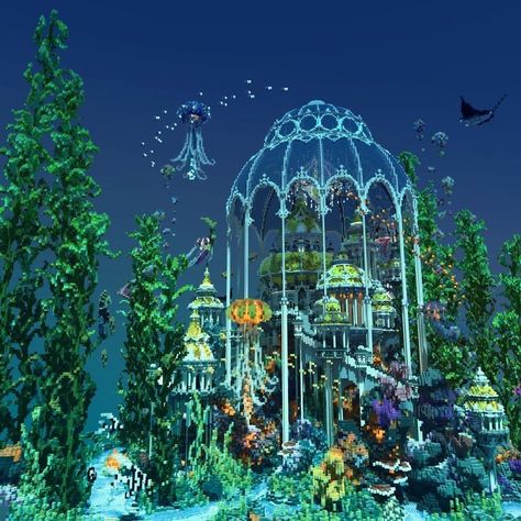 Minecraft Outdoor Aquarium, Sky City Minecraft, Minecraft Underwater Dome, Minecraft Megabase Inspiration, Mermaid Castle Minecraft, Minecraft Underwater Decoration, Minecraft Ocean Base Ideas, Underwater Castle Minecraft, Dark Prismarine Builds Minecraft