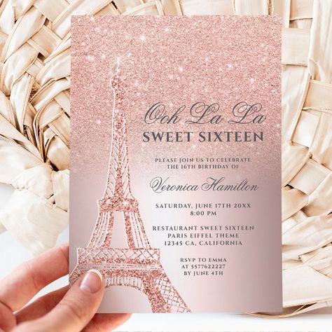 Eiffel tower rose gold glitter metallic Sweet 16 Invitation Eiffel Tower Purple, Lavender Sweet 16, Paris Sweet 16, Pink Sweet 16, Rose Gold Invitations, 16th Birthday Invitations, French Paris, Sweet 16 Gifts, Sweet Sixteen Parties