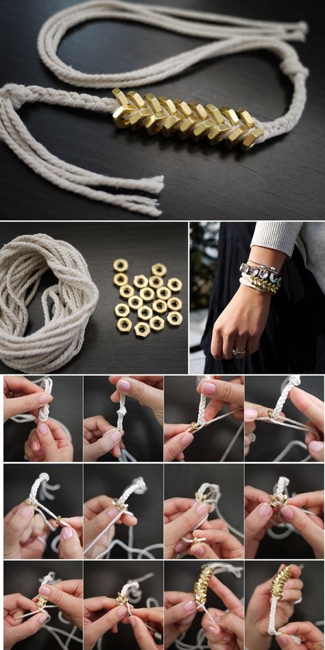 DIY Braided Hex Nut Bracelet inspired by Philip Grangi 's Giles & Brothers Hex Jewlery Collection. Supplies: Cotton Butcher's Twine & 18 small brass nuts. Hex Nut Bracelet, Nut Bracelet, Diy Braids, Making Bracelets, Diy Jewelry Inspiration, Diy Jewlery, Hex Nut, Paracord Bracelets, Bracelet Tutorial