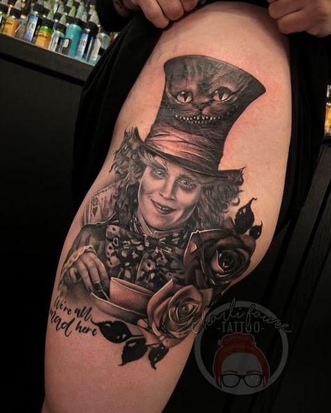 Johnny Depp Tattoos Ideas Tim Burton, Mad Hatter Sleeve Tattoo, Madd Hatter Tattoos, Mad Hatters Hat Tattoo, Johnny Depp Mad Hatter Tattoo, Tattoos Alice In Wonderland, Mad Hatter Tattoo Ideas, Tim Burton Tattoo Sleeve Ideas, Mad Hatter Design