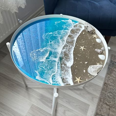 Ocean Resin Wave Coffee Side Table Hawaii Beach Round Mid Century Modern Table Furniture and Decor Hawaiian Decor Gift - Etsy Mid Century Modern Round Table, Ocean Decorations, Live Edge Table Tops, Blue Coffee Tables, Coffee Side Table, Ocean Room, Beach Furniture, Beach Table, Hawaiian Decor