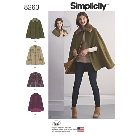 Purchase Simplicity Simplicity Pattern 8263 Misses' Capes and Capelets and read its pattern reviews. Find other Coat/Jacket, sewing patterns. Capelet Pattern, Cape Pattern Sewing, Coat Sewing, Cape Pattern, Cape Style, Capes For Women, Womens Sewing Patterns, Simplicity Sewing, Coat Patterns