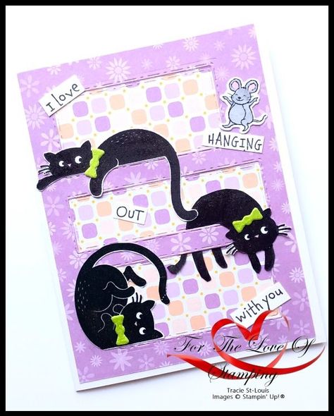 Cute new stamp set called Love Cats hanging around. Cat Cards Handmade, Elephant Parade, Cat Stamp, Stampin Up Christmas Cards, Dog Cards, Cat Valentine, Up Book, Cat Cards, Punch Cards