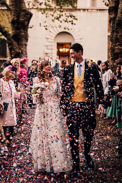 Colourful wedding confetti exit with bride and groom after traditional church ceremony Bridesmaid Dresses Bright, Ceremony Confetti, Floral Embroidered Wedding Dress, Vibrant Wedding Flowers, Confetti Wedding Exit, Confetti Photos, Vibrant Wedding, Colorful Wedding Flowers, Wedding Send Off