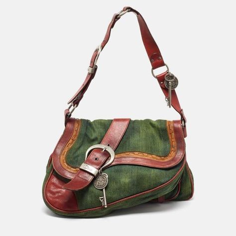 Dior Green Canvas nad Leather Large Gaucho Double Saddle Bag Dior | The Luxury Closet Dior Leather Bag, Dior Gaucho Bag, Dior Green, Accessory Inspo, Pay Bills, Cozy Jacket, Fall 24, Women Crossbody Bag, Red Bag