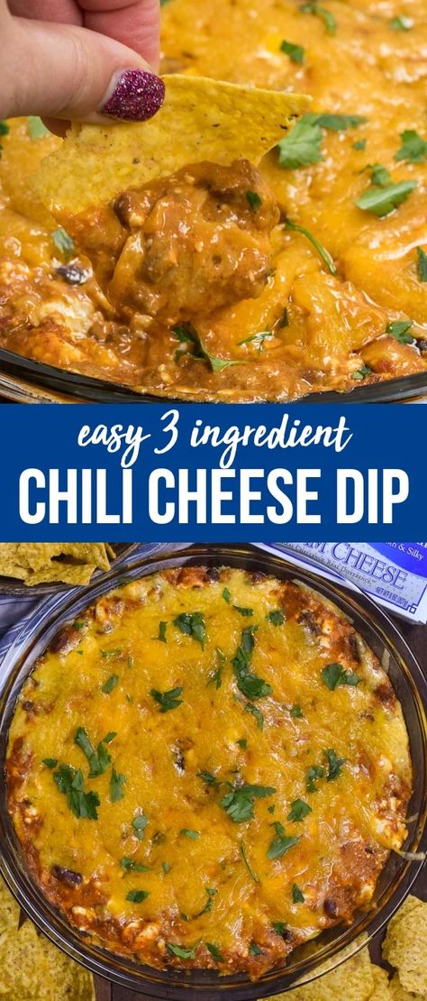 This easy chili cheese dip has just 3 ingredients and is done in under 20 minutes. It's the perfect cheesy appetizer for game day or any party! Easy Chili Cheese Dip, Dipping Recipes, Cheesy Dips, Party Food Easy Appetizers, Chili Cheese Dip, Cheese Dips, Chili Cheese Dips, Cheesy Appetizer, Chili Dip