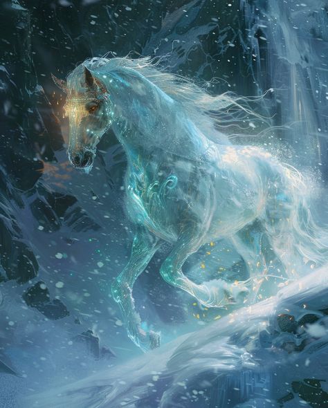 The Frost Horse —————————————————————————————The Frost Horse, a majestic creature of the frozen mountains, embodies the pure essence of ice and snow. With a shimmering mane that flows like frozen rivulets and hooves that sparkle like polished diamonds, this ethereal steed traverses frost-laden landscapes with graceful agility. Its eyes, glowing with a pale gold luminescence, pierce through the darkest nights, guiding lost travelers to safety. The Frost Horse possesses the ability to manipulat... Frost Illustration, Ice Creature, Ice Animals, Snow Horse, Frost Dragon, Mythical Horses, Eyes Glowing, Horses Art, Magical Horses