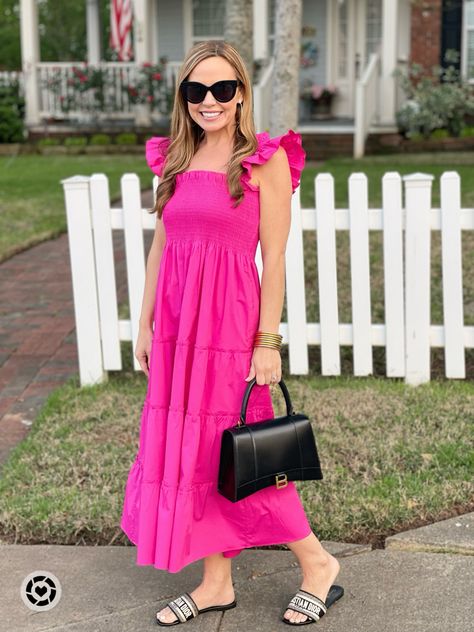 Hill House smocked dress, Christian Dior sandals / slides and Balenciaga hourglass bag in small Christian Dior Slides Outfit, Christian Dior Sandals Outfit, Dior Slides Outfit, Pink Slides Outfit, Dior Sandals Outfit, Christian Dior Slides, Christian Dior Sandals, Dior Slides, Balenciaga Hourglass Bag