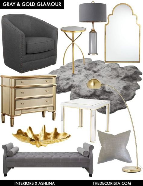 Color Crushing: decorating with gray and gold for glamour Grey And Gold Bedroom, Gold Living Room Decor, Glamourous Bedroom, Gold Furniture, Gold Living Room, Glam Living Room, Gold Bedroom, Living Room Grey, Gold Decor