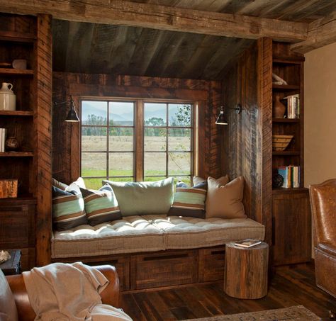 20+ Coziest Rustic Reading Nook Ideas For Winter Hibernation Rustic Home Offices, Window Nook, Little Cabin In The Woods, Rustic Window, Decor Ikea, Interior Design Rustic, Little Cabin, Cabin Ideas, Cozy Nook