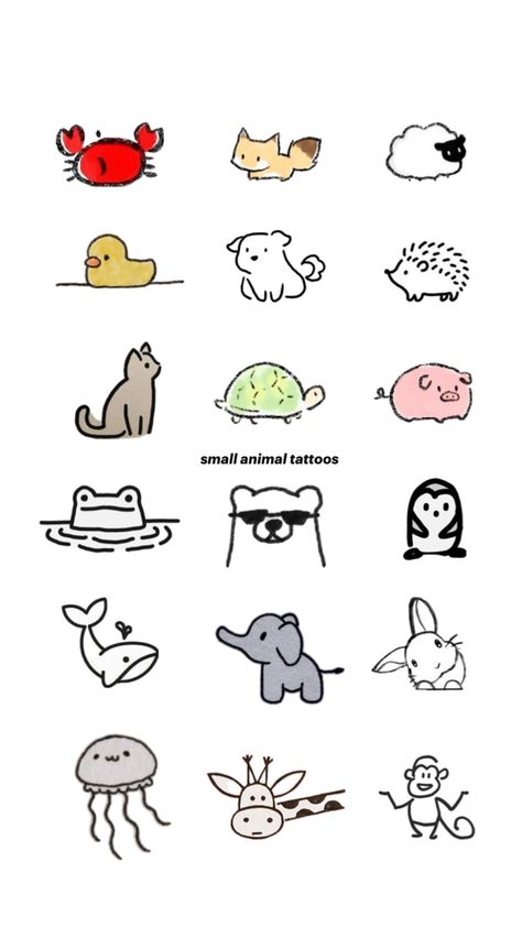 animal tattoo ideas for your next tattoo for animal lovers out there. small icon, animal icons, animal drawings, doodles, art, collage, cute Animal Drawings Doodles, Animal Lover Tattoo, Cute Small Drawings, Animal Tattoo Ideas, Small Doodle, Doodles Art, Cartoon Drawings Of Animals, Small Icons, Doodle Tattoo