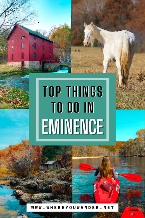 A photo of a red mill, a photo of a wild horse, a photo of a rundown mill and a photo of a woman kayaking. Travel Missouri, Missouri Hiking, Door County Wisconsin, Float Trip, River Cabin, Missouri River, In The Middle Of Nowhere, Middle Of Nowhere, Camping Area