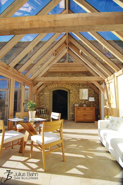 Wooden Conservatory, Timber Conservatory, Wooden Conservatory Extension, Cottage Conservatory, Brick Conservatory, Barn Interior Ideas, Oak Orangery Extension, Oak Orangery, Orangery Extension Kitchen