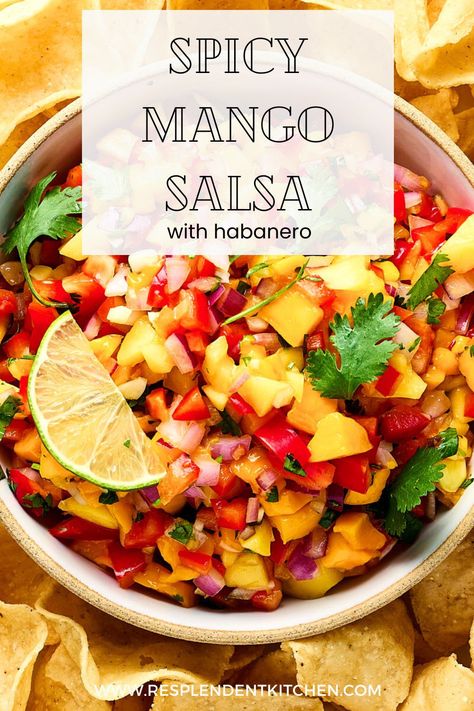 Spice up your meals with this Mango Habanero Salsa! A perfect blend of sweet and spicy, this fresh salsa is great for tortilla chips, tacos, and more. It's easy and delicious! Salsa Recipe Easy, Spicy Salsa Recipe, Mango Habanero Salsa, Seasonal Vegan Recipes, Mango Salsa Recipe, Habanero Salsa, Mango Salsa Recipes, Vegan Summer Recipes, Salsa Recipes