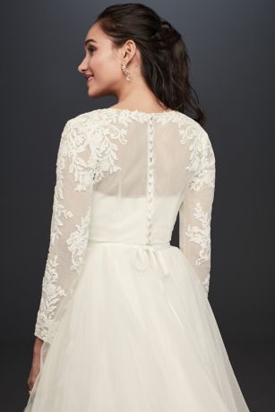 Embroidered Lace Long-Sleeve Dress Topper OW2006 Mock Neck Wedding Dress, Wedding Dress Topper, Dress Topper, Elegant Bridal Gown, Neck Wedding Dress, Davids Bridal Wedding Dresses, Long Sleeve Wedding Dress Lace, Sweetheart Wedding Dress, Beaded Chiffon