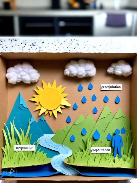 Water Cycle Diorama, Class Poster Ideas, Water Cycle Project, Kids Craft Work, Science Exhibition Projects, Learn Biology, Human Body Science, 3d Art Projects, Diy Projects Gifts