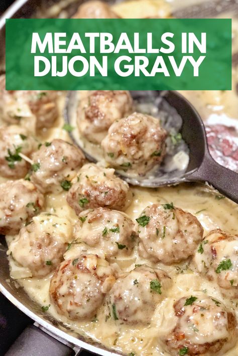 These Meatballs in Dijon Gravy are BOMB! They’re smothered in the most amazing rich and creamy gravy and packed with delicious flavor. Meatballs In Dijon Gravy, Dijon Gravy, Swedish Meatball Sauce, Easy Swedish Meatball Recipe, Swedish Meatballs Recipe, Swedish Meatballs Easy, Meatball Sauce, Appetizer Meatballs, Meatball Recipes Easy