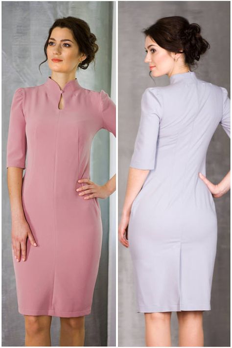 Uniform Dress Styles For Work, Elegant Purple Dress, Elegant Purple Dresses, Work Dresses Professional, High Neck Dress Formal, Black Dresses For Women, Office Wear Dresses, Mandarin Dress, Career Outfits