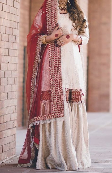 Designer Gharara Wedding Dresses, Sarara Dress Indian Weddings, Pakistani White Bridal Dress With Red Dupatta, Nikah Garara, Bridal Garara Design Nikah, White Garara Dress Pakistani Bridal, Nikkah Dress Pakistani White And Red, Nikah Garara Dress, White Nikkah Dress With Red Dupatta