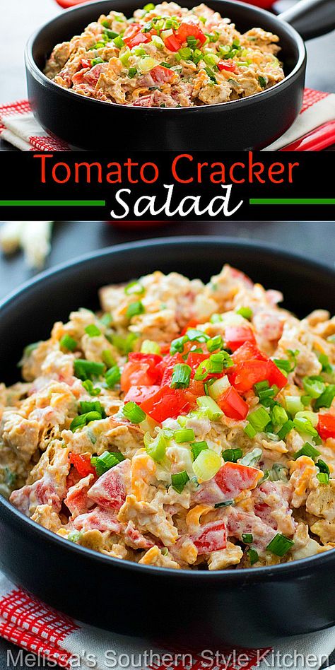 This scrumptious salad features plum tomatoes, green onion and hard boiled egg with a sprinkling of cheddar cheese. Tossed with a seasoned mayonnaise dressing and Saltine crackers it's certain to be the talk of your salads menu. #tomatocrackersalad #crackersalad #tomatosalad #summersides #saladrecipes ##plumtomatoes #tomatorecipes #southernfood #vegetarian #southernrecipes Tomato Saltine Cracker Salad, Cracker Salad Saltine, Georgia Cracker Salad Paula Deen, Georgia Cracker Salad, Cracker Salad Paula Deen, Tomato Cracker Salad, Cracker Salad, Tomato Side Dishes, Mayonnaise Dressing