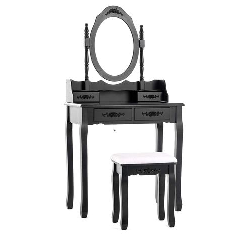 PRICES MAY VARY. MAKEUP VANITY-Black makeup table, 4 storage drawers, oval rotating mirror, a free cushioned stool. Perfect size for girls women, the best choice for your wife/daughter as a gift! MAKEUP VANITY WITH MIRROR-The mirror can be 360° spinning and adjusted to your preference, and the top part of the dressing table is detachable VANITY WITH STORAGE-4 drawers and large table surface give you enough space to store all your things, a drawer with a divider to place your items more neatly VA Oval Mirror Bedroom, Wood Makeup Table, Black Bedroom Sets, Bedroom Vanity Set, White Bedroom Set, Vanity Makeup Table, Dressing Table Stool, Makeup Dressing Table, Mirror Stool