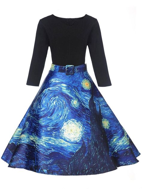 Retro Starry Sky Print Pin Up Dress - Galactic Party Outfit, Galactic Party, Party Outfit Dress, Vintage Dresses Cheap, Pleated Skater Dress, Galaxy Dress, Three Quarter Sleeve Dresses, Robes Vintage, Vintage Black Dress