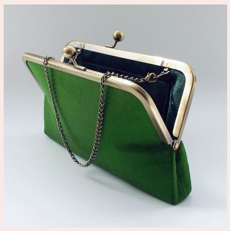 wedding clutch bag in chartreuse green silk with a dark green velvety lining, antique brass tone kisslock frame and chain handle Wedding Clutch Bag, Recycled Bags, Silk Clutch, Green Clutches, Silk Purse, Clutch Bag Wedding, Bridal Purse, Wedding Bags, Chartreuse Green