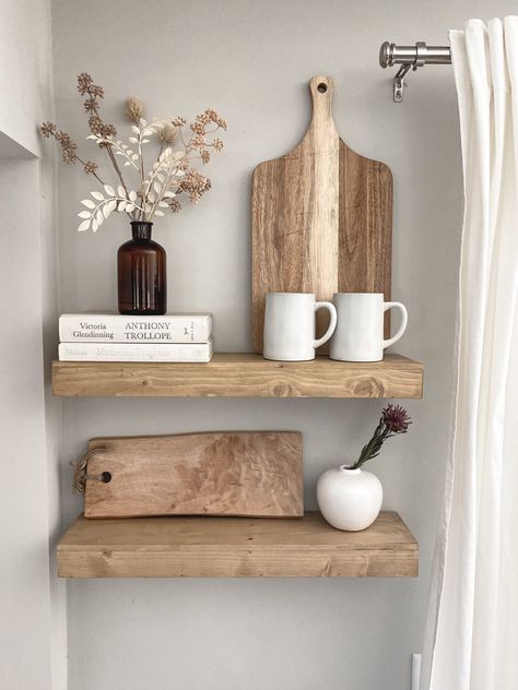 Shelf Decor Dining Room Wood Shelves, Short Floating Shelves Kitchen, Kitchen Floating Shelving Ideas, Kitchen Small Shelf Decor, What To Put On Floating Shelves Kitchen, Apartment Floating Shelves, Small Shelf Decor Kitchen, Styling A Kitchen Shelf, Floating Shelf Kitchen Decor