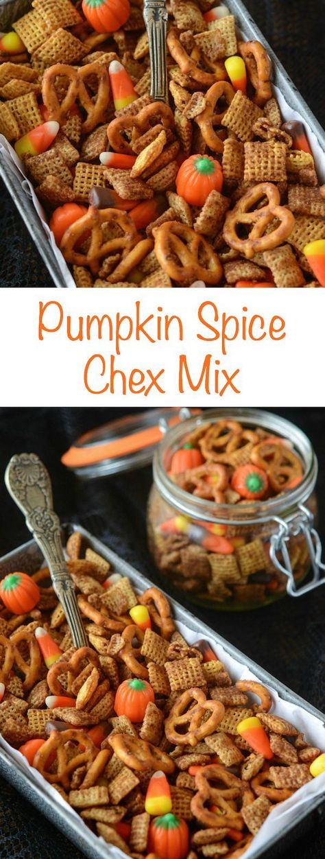 Pumpkin Spice Chex Mix - you can make it in the oven or microwave! Pumpkin Trail Mix Recipes, Cereal Mixes, Fall Chex Mix Recipes, Caramel Chex Mix, Check Mix, Snack Jar, Baking Contest, Halloween Snack, Chex Mix Recipes