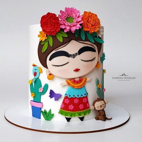 Frida Cake, Frida Kahlo Birthday, Mexican Cake, Mexican Birthday Parties, 57th Birthday, Rose Cookies, Mexican Birthday, Cute Baking, Cake Decorating Designs