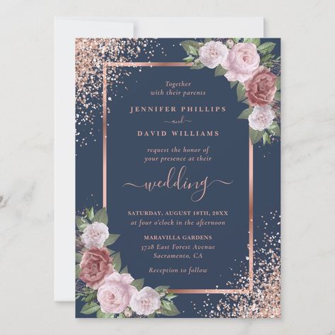 Elegant custom navy blue, blush and rose gold floral wedding invitation featuring blush pink roses and rose gold confetti framing all the important wedding details. Rose Gold And Blue Wedding Invitations, Navy Blue And Dark Pink Wedding, Dusty Rose And Navy Blue Wedding, Navy Blue And Rose Gold Wedding, Rose Gold And Navy Blue Wedding Theme, Rose Gold Navy Wedding, Dusty Rose And Navy Wedding, Navy Quince, Navy And Rose Gold Wedding