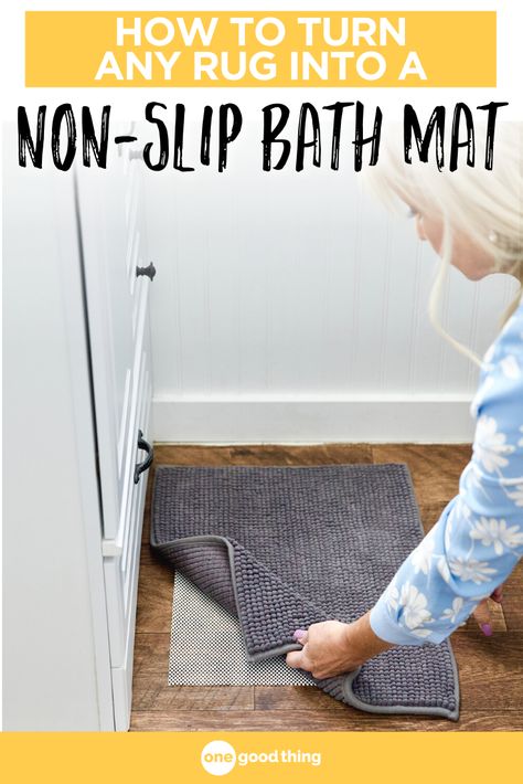 With the help of this genius hack, I solved one of my all-time biggest pet peeves in about 30 seconds! You won’t believe just how easy it is to turn any rug into a non-slip bath mat! #easydiy #bathroomhack Rug Hacks, Cute Rug, Thanksgiving Kids Table, Cute Bath Mats, Shelf Liner, Pet Peeves, Thanksgiving Kids, Diy Remodel, Clever Storage