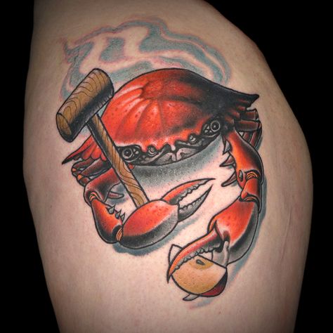 Crab Tattoo by Alexis Kovacs New School Crab Tattoo, Crab Tattoos Men, Crustacean Tattoo, Ink Master Tattoos, Crab Tattoo, Ocean Tattoo, Gangsta Tattoos, Ocean Tattoos, Tattoo Project